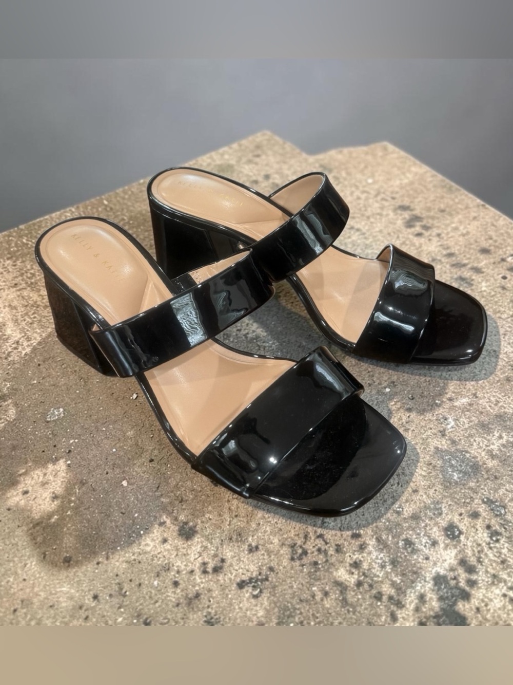 Kelly & Katie Black Patent Block Heel Slide Sandals